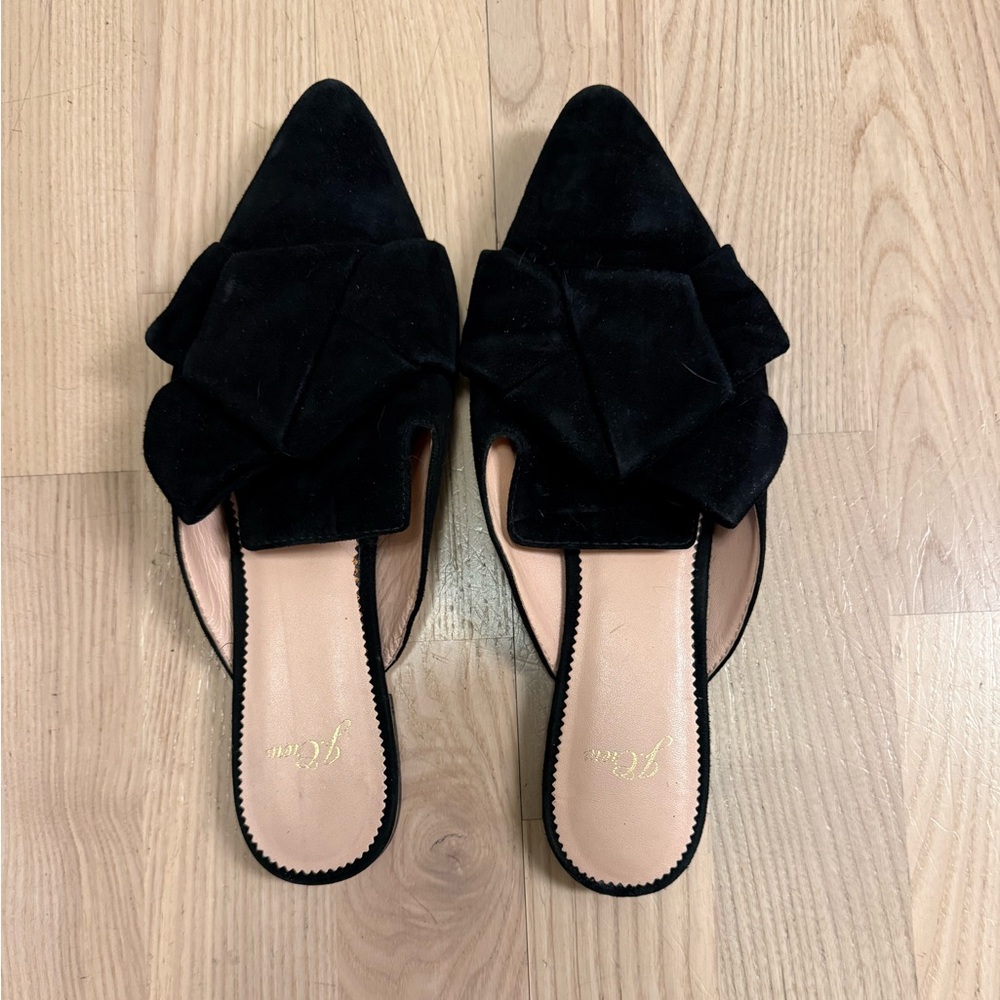 J. Crew Black Suede Mules with Bow Detail